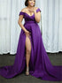 A Line Off the Shoulder Satin Pleats Purple Prom Dress LBQ4016